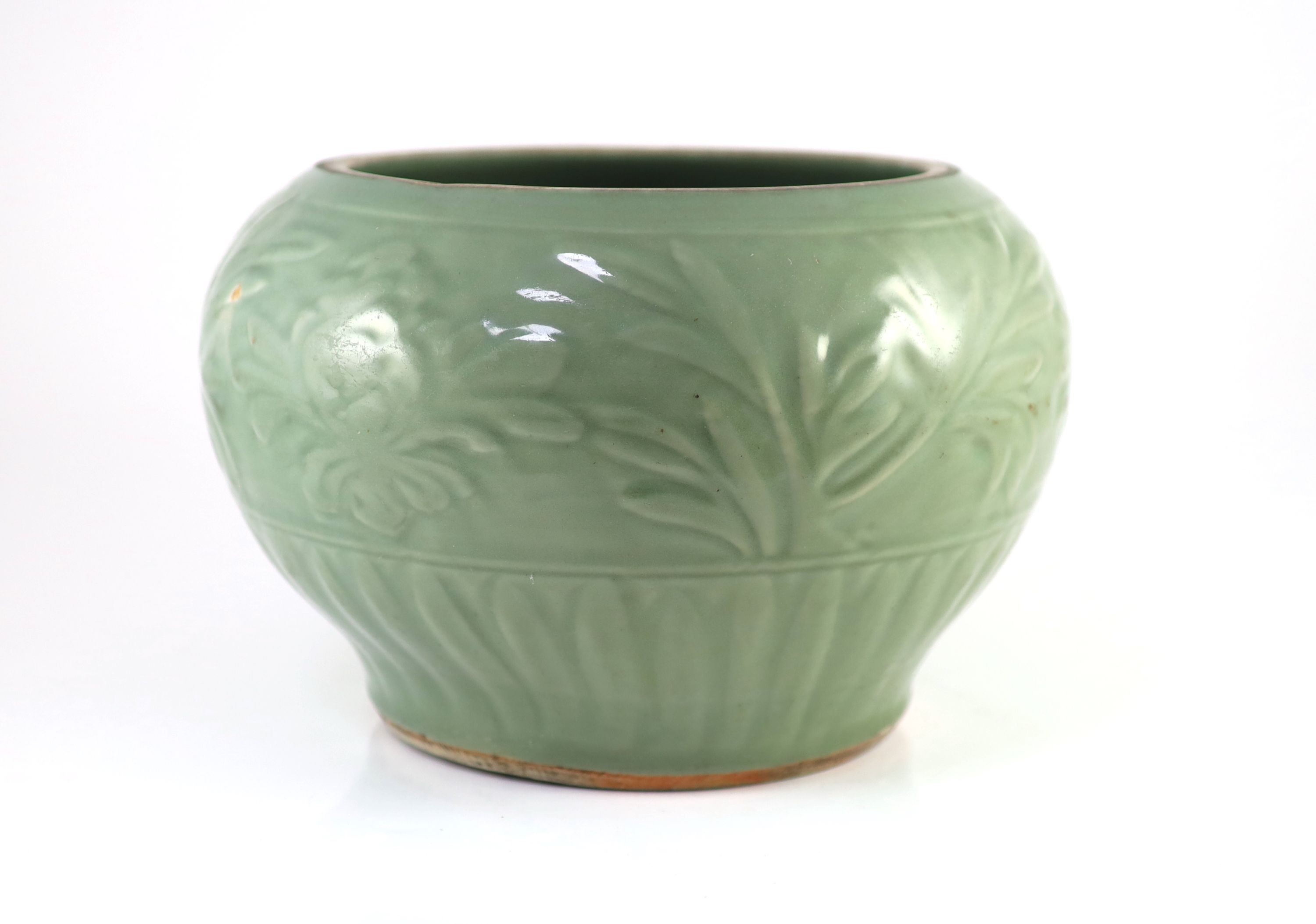 A large Chinese Longquan celadon jar, Guan, 14th century, 30.5 cm diameter, neck ground off